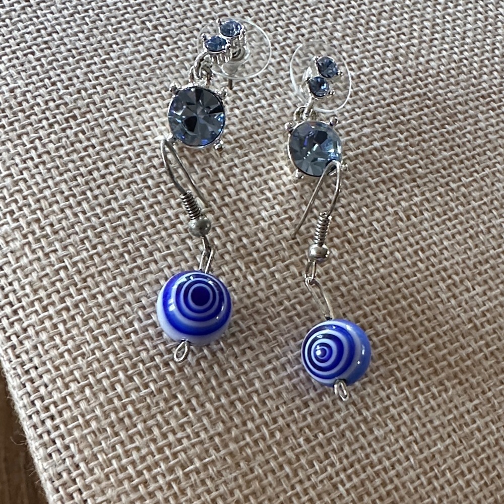 Elegant Blue Glass Swirl  and Blue Rhinestone Silver Tone Earrings